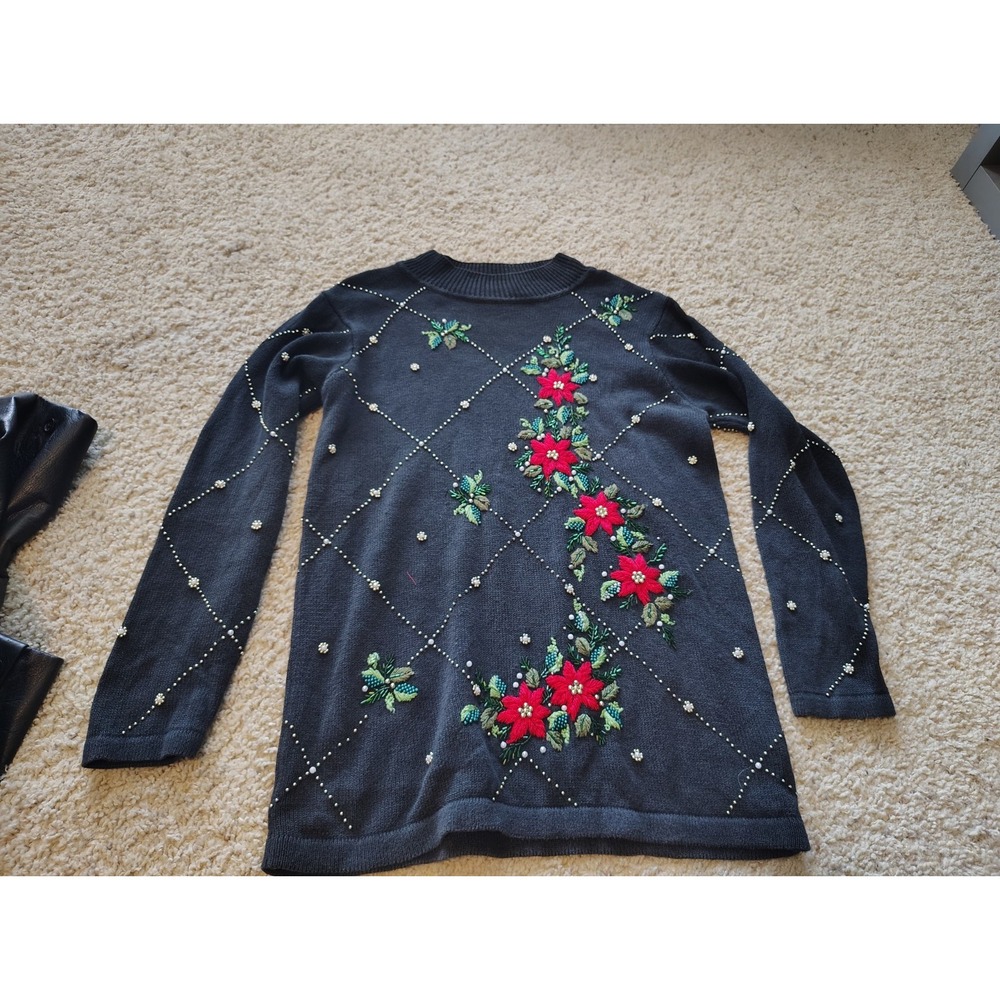 Vintage BP Design Women's S Poinsetta Christmas Sweater Beaded Embroidered